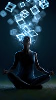 Young woman in lotus position meditating under glowing digital cubes and particles, representing mindfulness and technology connection on dark background.