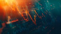 Digital financial market data visualization with glowing orange and teal candlestick charts, stock trading graphs, and abstract network lines representing cryptocurrency, investment analysis, and real-time market monitoring.