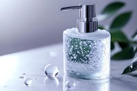 Elegant soap dispenser with water drops on frosted glass surface against marble background, chrome pump top, green plant leaves reflection creates spa atmosphere.