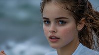 Young woman with natural makeup and curly brown hair gazes thoughtfully into distance against blurred background. Soft lighting highlights freckles and blue eyes.