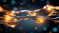 Abstract glowing golden wave with sparkles and bokeh effects on dark blue background, flowing light stream with magical luminous particles.