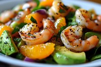 Fresh grilled shrimp salad with avocado slices and mandarin oranges on bed of mixed greens, seasoned with black pepper and herbs for healthy dining.