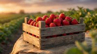 Fresh ripe strawberries in wooden crate at sunset farm field. Organic berry harvest concept for healthy eating and agriculture marketing materials.