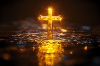 Glowing golden cross radiating divine light with water reflection against dark background, creating spiritual atmosphere for religious and faith concepts.