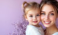 Young Caucasian mother and blonde toddler daughter embracing against soft purple background with delicate floral elements for family lifestyle content.
