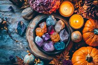 Mystical autumn arrangement with glowing candles, colorful healing crystals in wooden bowl, pumpkins and dried flowers on rustic blue wooden background.