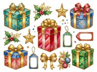 Wrapped gift boxes with gold bows, holly sprigs, and golden stars arranged as isolated elements for holiday designs, greeting cards, and seasonal decorations.