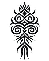 Black tribal ornamental design with symmetrical swirls and geometric elements on white isolated background, suitable for tattoo art and decorative purposes.