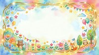 Watercolor kids party frame with cute animals, balloons, flowers, and bunting flags. Colorful border with copy space for children's cards.