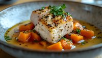 Pan-seared white fish fillet with butternut squash cubes in herb butter sauce garnished with fresh parsley and black pepper on gray ceramic plate.
