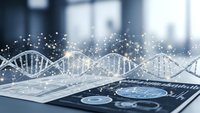 Digital DNA helix structure with glowing particles floating above modern tablet displaying medical data charts and analytics in healthcare technology concept.