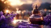 Vintage copper teapot among blooming lavender flowers at sunset with magical bokeh lights creating dreamy atmospheric scene for tea ceremony or relaxation concept.