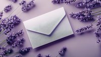 White envelope surrounded by fresh lavender flowers on purple background, creating romantic composition for wedding invitations and love letters.