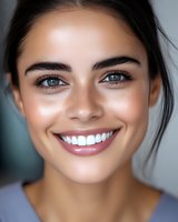 Young woman with radiant smile and glowing skin showcasing natural beauty and healthy lifestyle for skincare and wellness advertising campaigns.