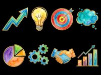 Upward trending arrow with lightbulb, target, cloud, pie chart, gears, handshake, and bar graph icons isolated on transparent background. Ready for t-shirt design, clipart, stickers, print-on-demand, and sublimation projects.