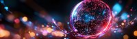 Glowing sphere with neon pink and blue light effects against dark background with blurred bokeh lights creating magical atmosphere for party design.