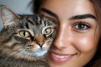 Close-up portrait of young Mediterranean woman with glowing skin and natural makeup smiling while cuddling with gray tabby cat with yellow eyes.