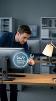 Professional technician with wrench providing 24/7 service support in modern office environment with holographic interface display for maintenance solutions.
