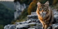 Fluffy tabby cat with striking green eyes sitting on ancient stone wall during golden hour sunset, creating warm atmospheric lighting for pet photography.