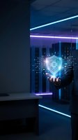 Businessman holding glowing digital shield with circuit patterns in modern office with neon lighting for cybersecurity and data protection concepts.