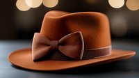 Elegant brown fedora hat with matching bow tie decoration against dark background with soft bokeh lights, showcasing classic vintage fashion accessory.