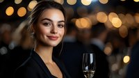 Young Mediterranean businesswoman in black blazer holding champagne glass at evening corporate event with elegant bokeh lights in background.