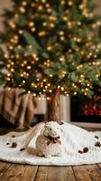 Cozy holiday scene featuring white plush sheep toy with red bow tie on knit blanket beneath glowing golden garland and evergreen branches with pinecones.