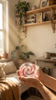 Senior adult hands holding pink spiral lollipop in cozy home interior with wooden shelves, potted plants, and natural sunlight for lifestyle and wellness content.