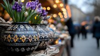 Spring tulips and crocuses in ornate ethnic vase against blurred city street background with bokeh lights and people walking, moody evening atmosphere.