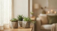 Small succulent plants in rustic paper pots arranged on wooden surface in bright modern home interior with soft natural lighting and cozy atmosphere.