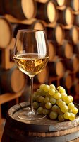 Glass of white wine with fresh green grapes on wooden barrel in cellar, oak casks background with warm lighting creates elegant wine tasting atmosphere.