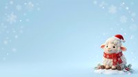 Cute stuffed lamb wearing red Santa hat and plaid scarf surrounded by snow and falling snowflakes on light blue background. Perfect for holiday greeting cards, winter seasonal designs, and festive marketing materials.
