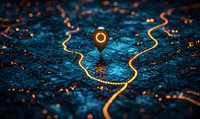 Glowing location pin marker on illuminated night city map with winding streets and scattered lights creating atmospheric navigation concept in blue tones.