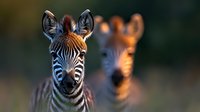 Young zebra foal portrait in warm sunset light with second zebra blurred in background, showing distinctive striped pattern and alert ears against natural savanna setting.