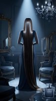 Mysterious woman with extremely long dark hair in elegant black dress standing in luxurious vintage room with ornate mirrors and chandelier under dramatic lighting.