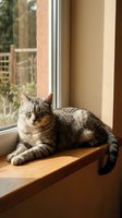 Tabby cat resting on a sunny wooden windowsill, eyes half-closed in contentment, warm natural light, cozy home interior.