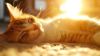 Ginger cat relaxing in warm sunlight, lying on side with eyes closed in peaceful contentment, backlit fur glowing golden in afternoon sun rays.