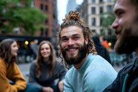 Cheerful bearded man with curly hair in blue sweater smiling outdoors while spending time with friends in urban setting. Natural candid lifestyle portrait.