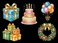 Watercolor celebration clipart set with gift boxes, birthday cake, balloons, and holiday wreath, isolated on transparent background, ready for cards, stickers, and print on demand.
