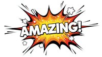 Comic book explosion burst with amazing text in bold letters surrounded by dynamic action lines and star effects on transparent background.