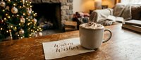 Cozy winter living room with hot cocoa mug and warm wishes note on wooden table, glowing Christmas tree and fireplace in background.