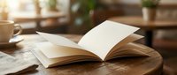 Open book with blank pages on wooden table in cozy cafe setting with warm sunlight and coffee cup creating peaceful reading atmosphere for relaxation.