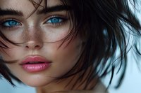 Close up portrait of young woman with bright blue eyes, freckles, pink lips and windswept dark hair against light background. Natural beauty concept.