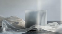 Frosted glass cube on flowing white fabric creates ethereal minimalist composition with soft shadows and gentle folds against neutral background.