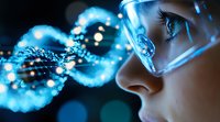 Futuristic close up of woman face with DNA helix reflection in glasses glowing with blue neon light against dark background, genetic research concept.