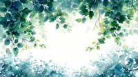 Fresh green leaves frame heart-shaped negative space against turquoise watercolor background, creating romantic natural composition for wedding designs.