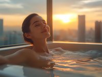 Young Asian woman relaxing in luxury rooftop bathtub at sunset, eyes closed with peaceful expression, urban skyline and golden hour lighting creates serene atmosphere.