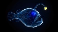 Futuristic digital anglerfish with glowing bioluminescent lure rendered in blue neon wireframe style against dark background for technology and marine concepts.