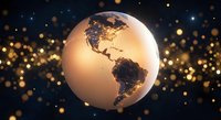 Golden Earth globe with illuminated continents floating against starry night sky with bokeh lights for global business and technology concepts.