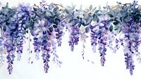 Cascading wisteria flowers in watercolor style with hanging purple and blue blooms creating romantic floral border on white background. Suitable for wedding design.